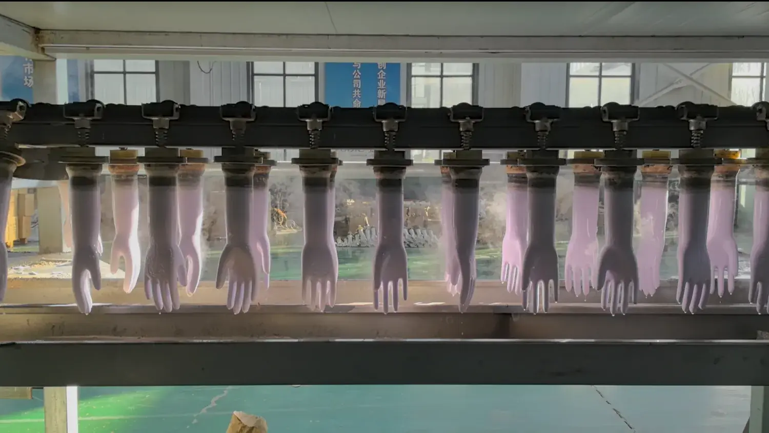 Purple rubber gloves moving through the production line